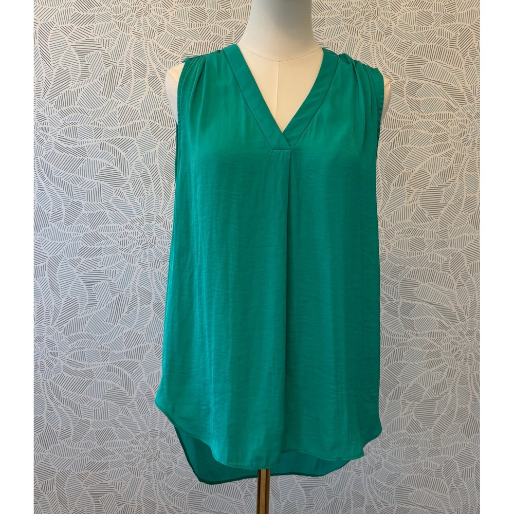 Alfani Womens Emerald Green V-Neck Sleeveless Tunic Blouse Medium Pleated Back